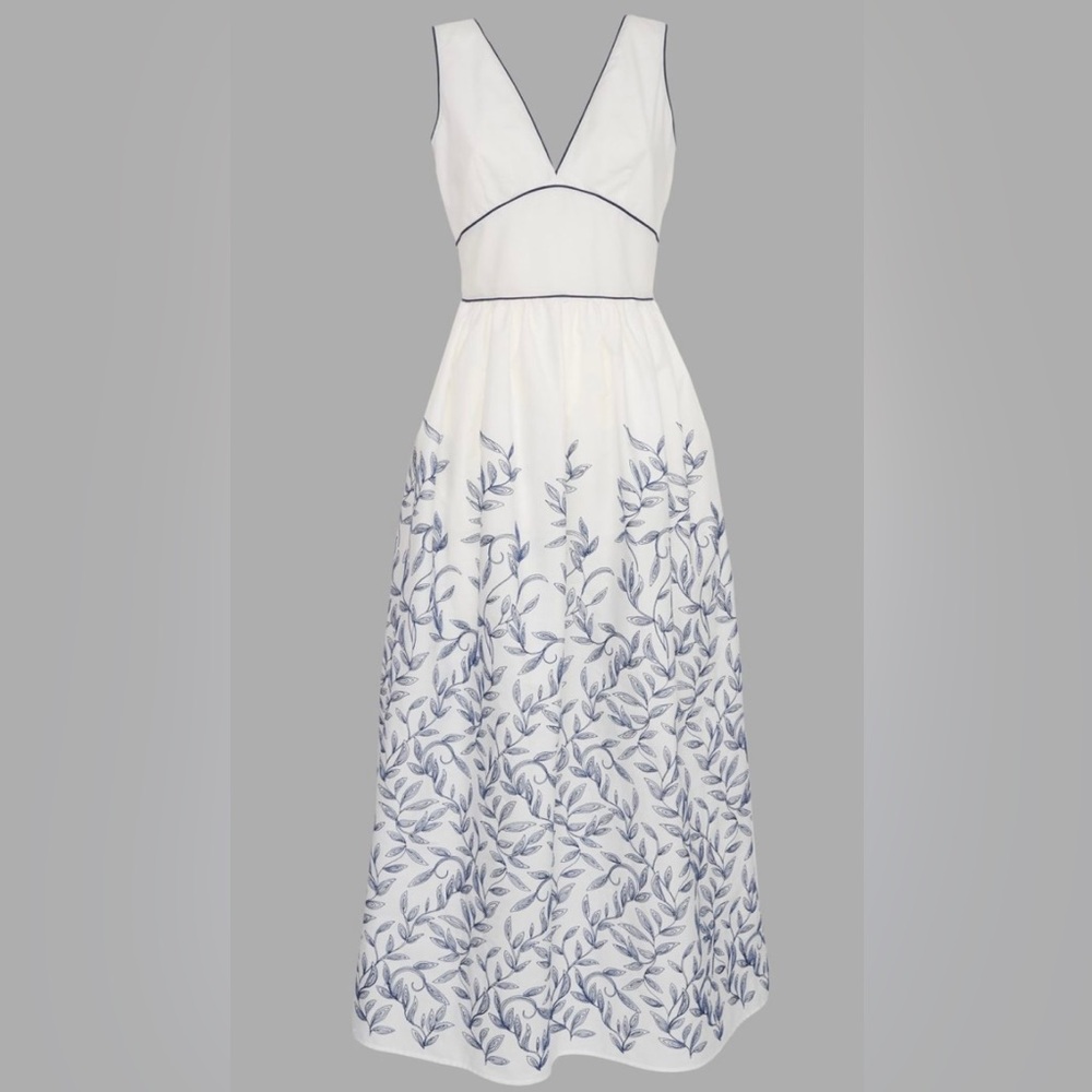 NWT Loretta Caponi Lucina White Navy Floral Embroidered Dress Size Medium Small